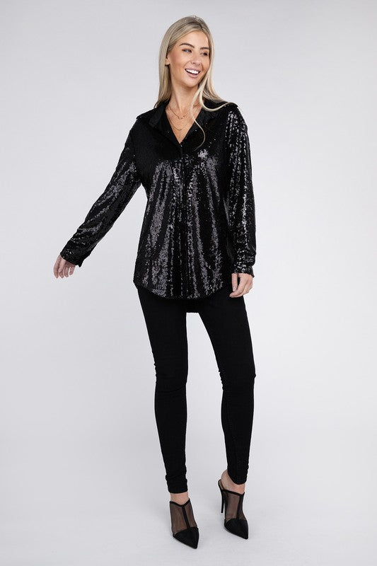Shop Black Sequin Collared Button Up Shirt | USA Boutique Clothing Online, Shirts, USA Boutique