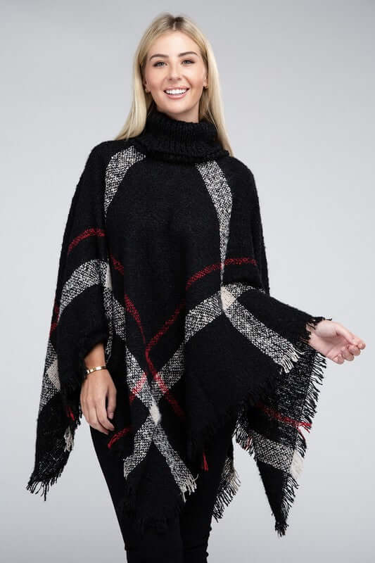 Ivory Black Turtleneck Plaid Knit Pancho, Nuvi Apparel, $ 45.95