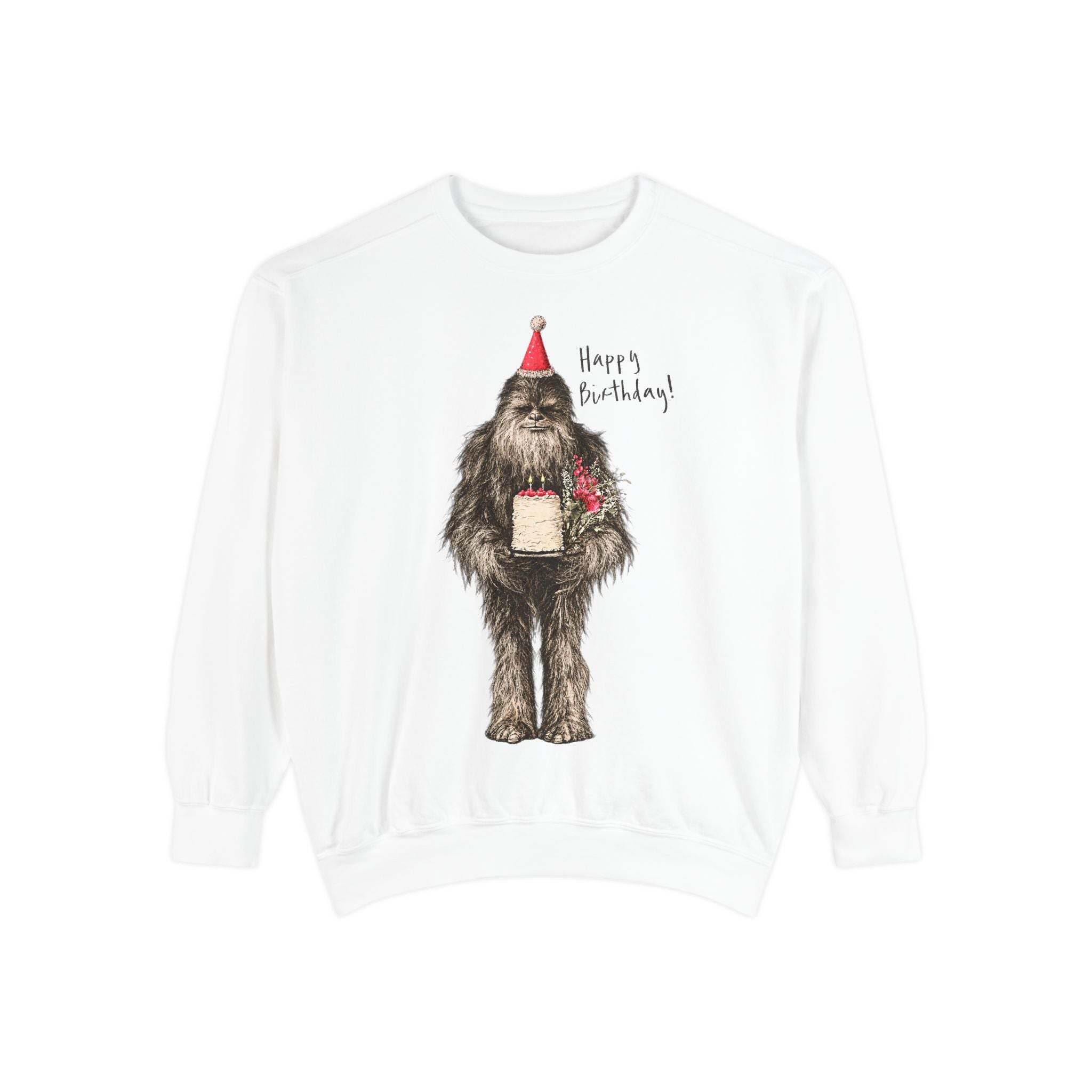 Birthday Bigfoot Sweatshirt — Funny Sasquatch with Cake