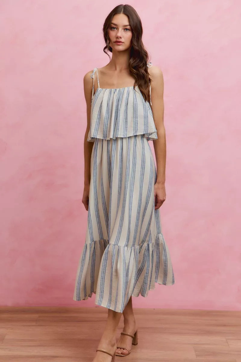Stripe Tiered Shoulder Tie Midi Lined Dress | Boutique In USA, Dresses, $ 59.00, A Moment Of Now™