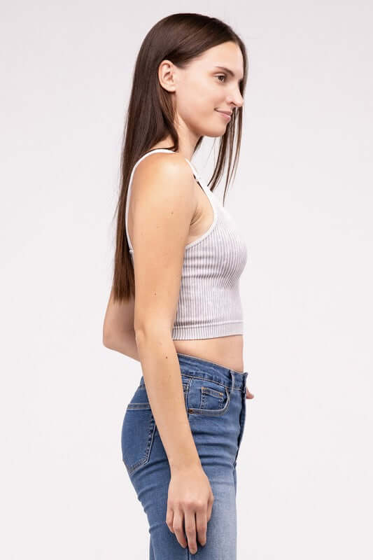 Washed Ribbed Cropped V-Neck Tank Top, ZENANA, $ 25.95