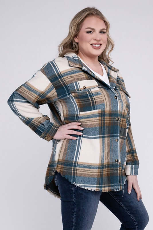 Plus Size Yarn Dyed Plaid Shirt Jacket Shacket