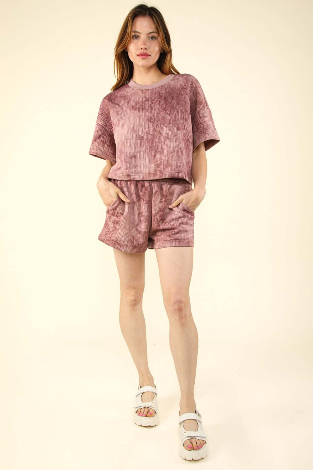 Mauve Quilted Washed Crop Top and Shorts Set, VERY J, $ 45.00