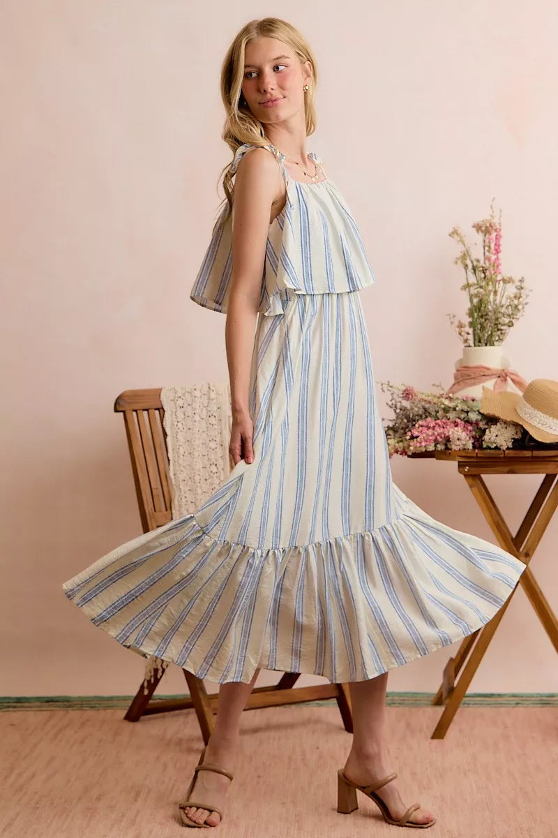 Stripe Tiered Shoulder Tie Midi Lined Dress | Boutique In USA, Dresses, $ 59.00, A Moment Of Now™