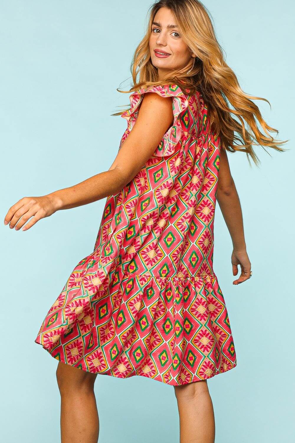 Boho Coral Summer Ruffled Printed Mini Dress with Side Pockets, Haptics, $ 64.00