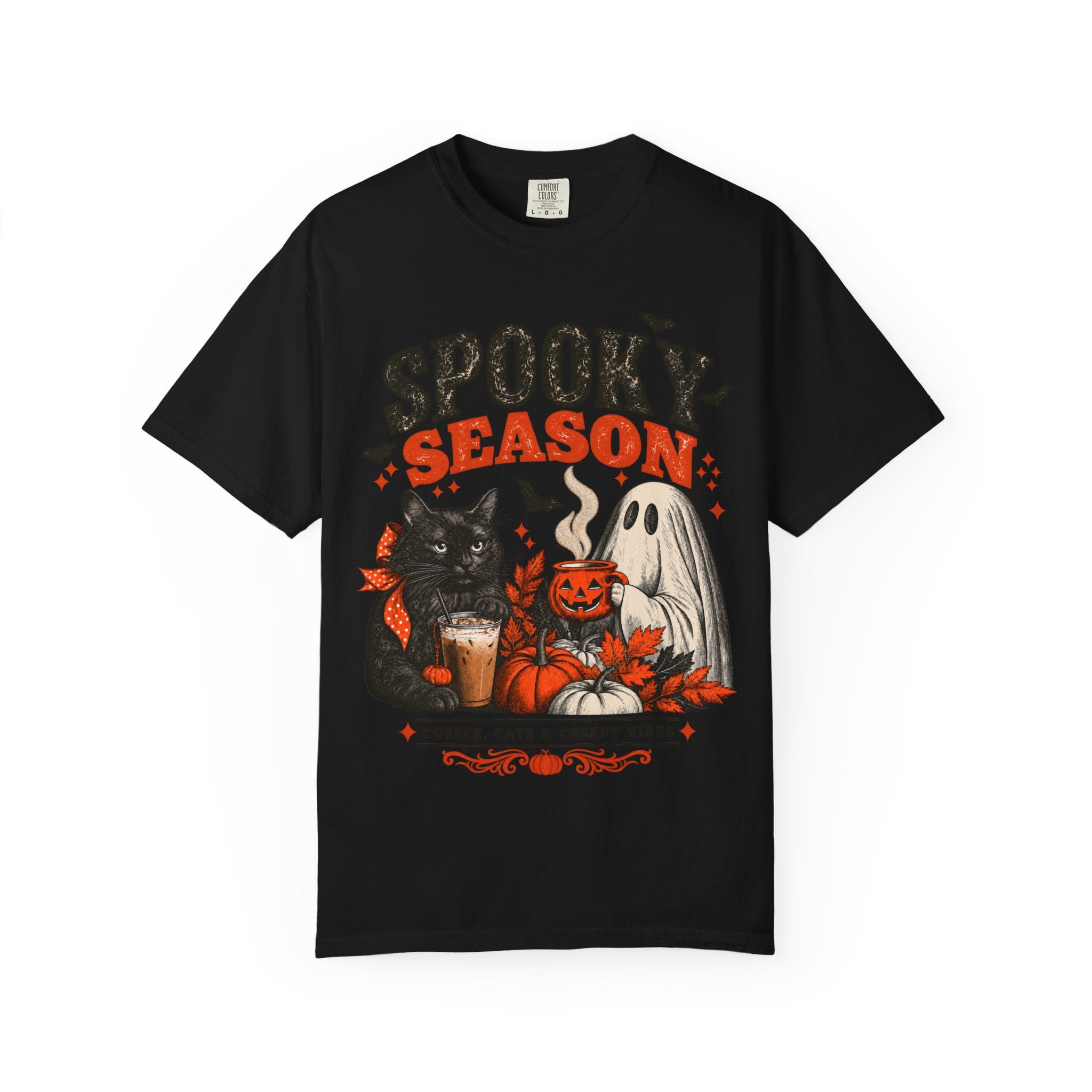 Spooky Season Black Cat & Ghost T-Shirt | Halloween Coffee & Cats Tee