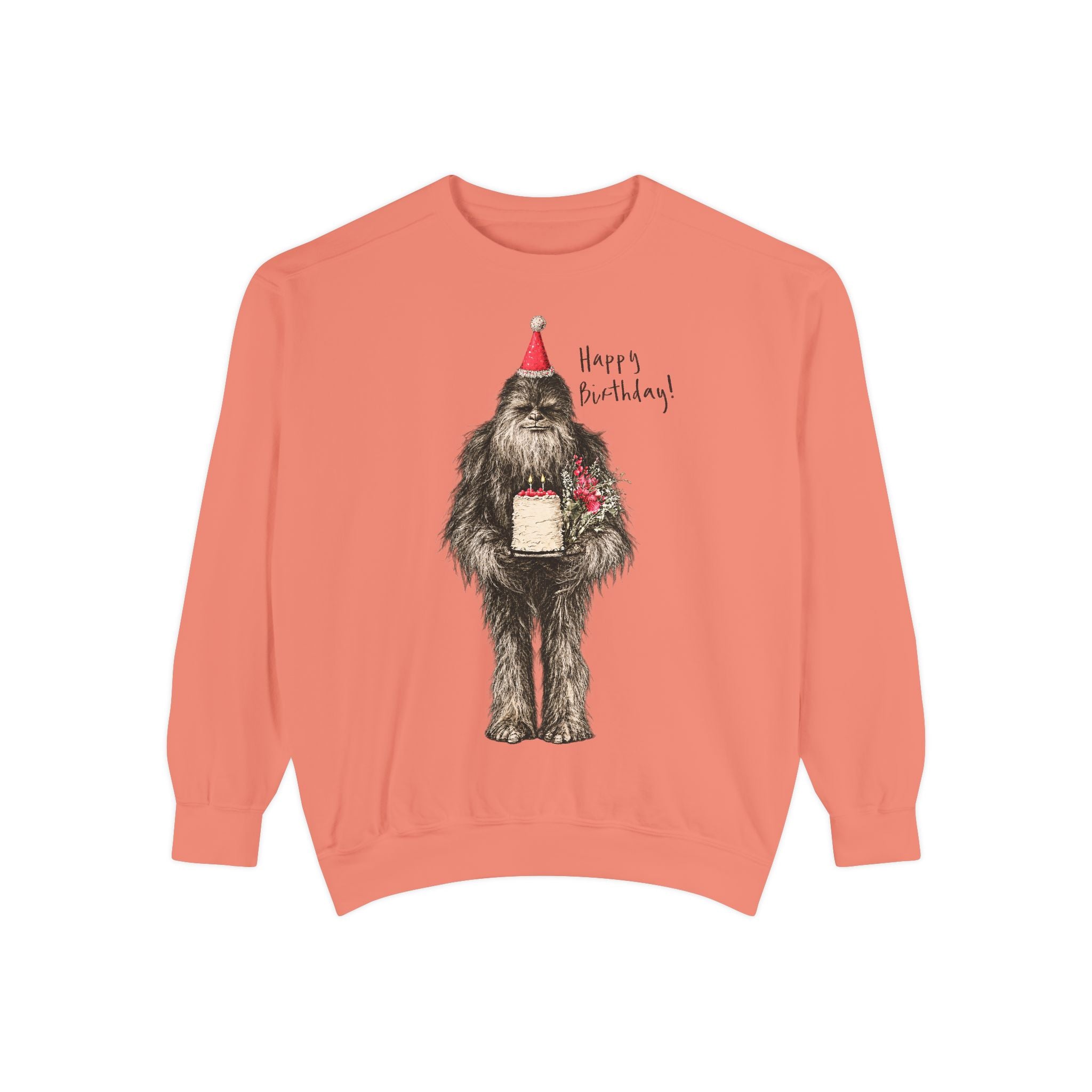 Birthday Bigfoot Sweatshirt — Funny Sasquatch with Cake
