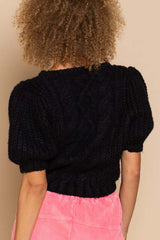 Black Puff Sleeve Cable Short Sleeve Pullover Sweater