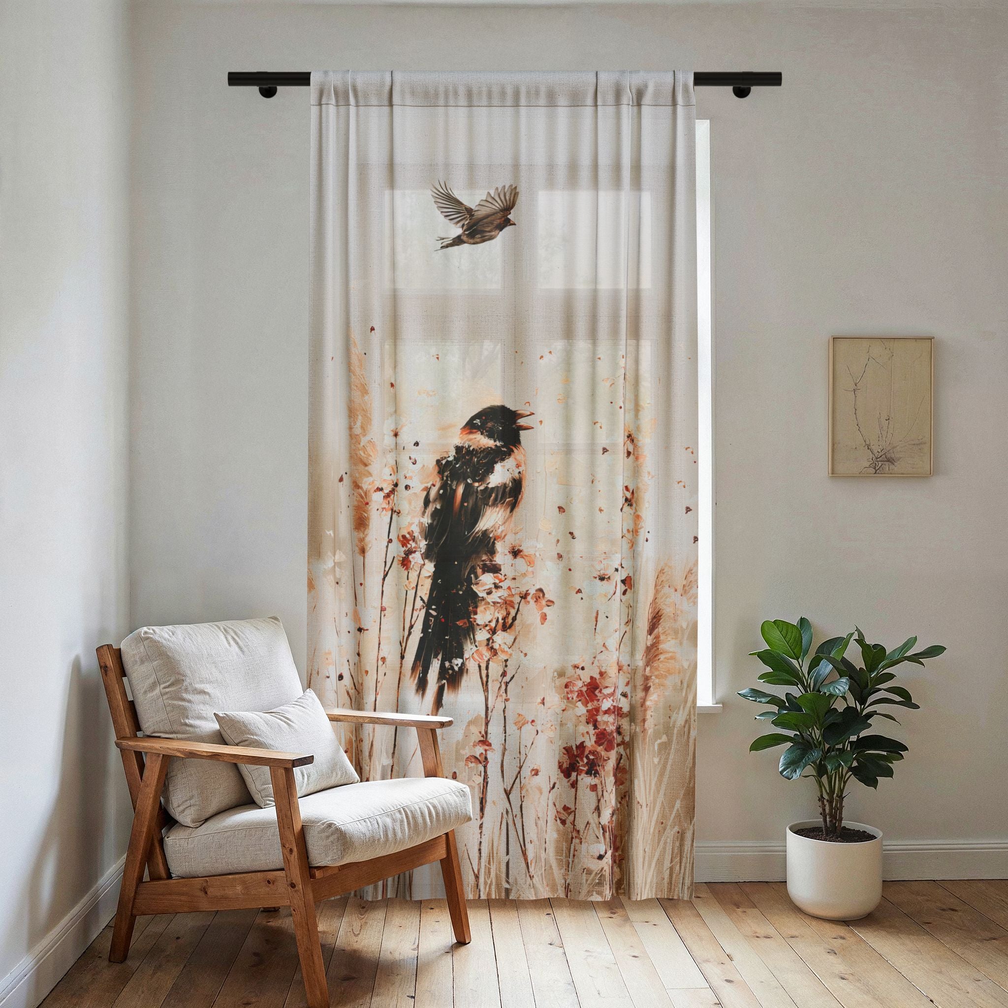 Birds in Wildflowers sheer window curtain — Left Panel alternate product view