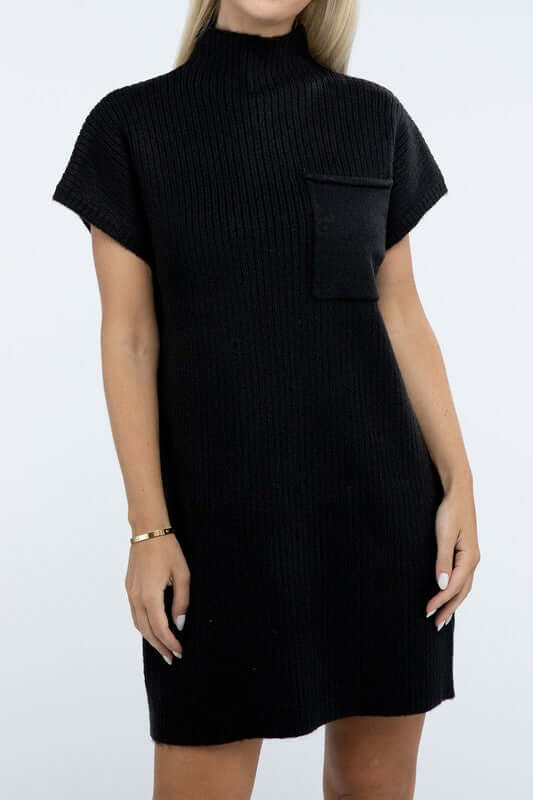 Women's Mock Neck Short Sleeve Mini Sweater Dress with Pocket, ZENANA, $ 55.00