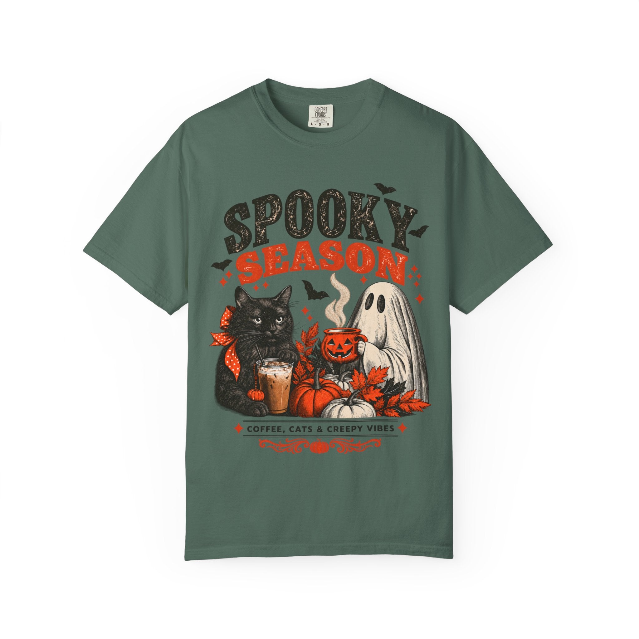 Spooky Season Black Cat & Ghost T-Shirt | Halloween Coffee & Cats Tee