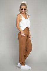 Brown Crinkled Jogger Pants with Pockets