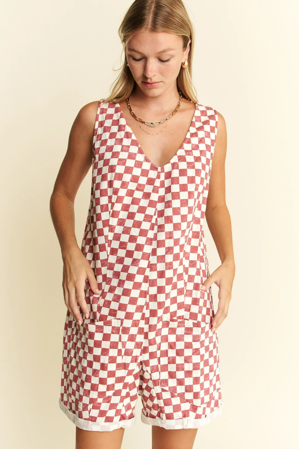 Stylish White Red Plus Size Sleeveless Plaid Romper, Rompers, $ 50.00, A Moment Of Now™