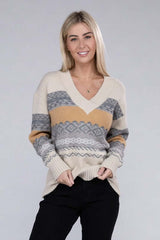 Classic Beige Stripe V Neck Sweater