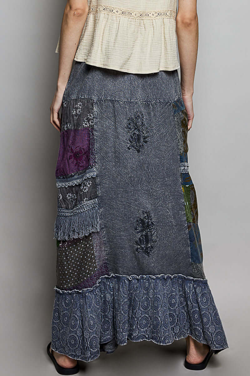 POL Charcoal Printed Patchwork Embroidered Ruffled Maxi Skirt, Skirts, $ 69.00, A Moment Of Now™