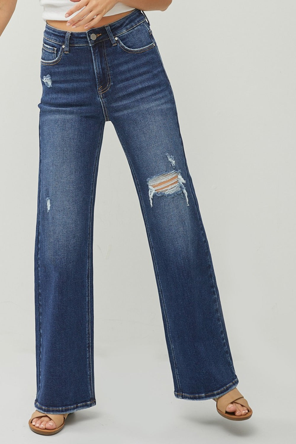 Dark Blue High Rise Distressed Wide Leg Jeans