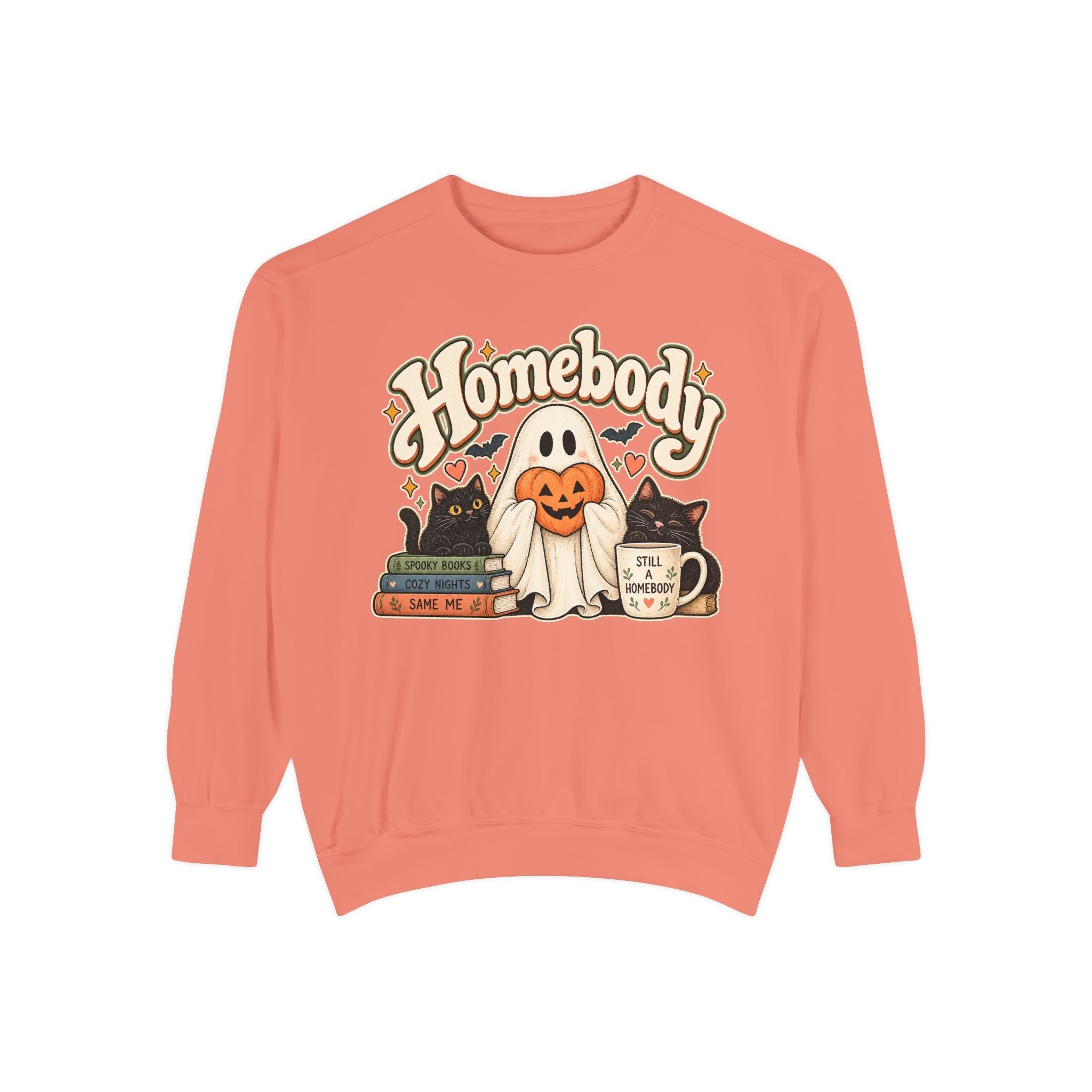 Homebody Sweatshirt — Cozy Halloween Ghost, Books & Pumpkin Mug Graphic - sweatshirt product image 2