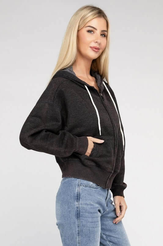 Acid Wash Fleece Cropped Zip-Up Hoodie, ZENANA, $ 49.95