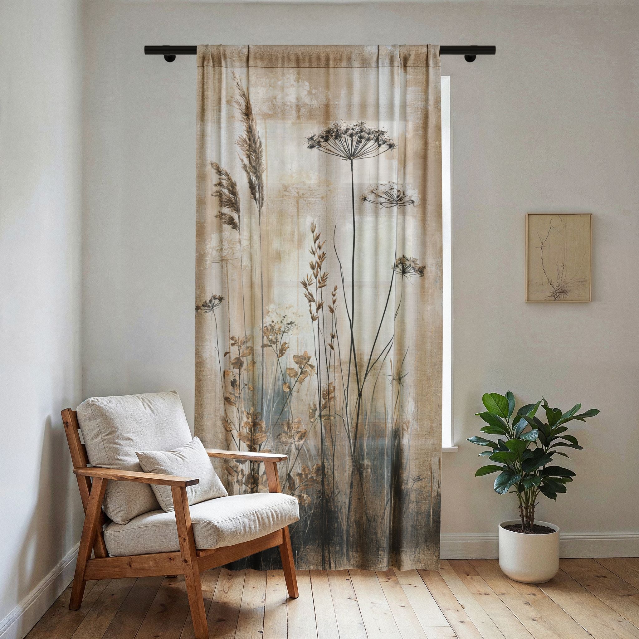 Neutral Botanical Meadow Sheer Window Curtain | Dried Wildflowers Panel