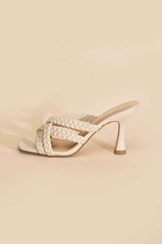 KELLAN-S Double Cross Braided Heels Sandals in Black White, Fortune Dynamic, $ 35.00