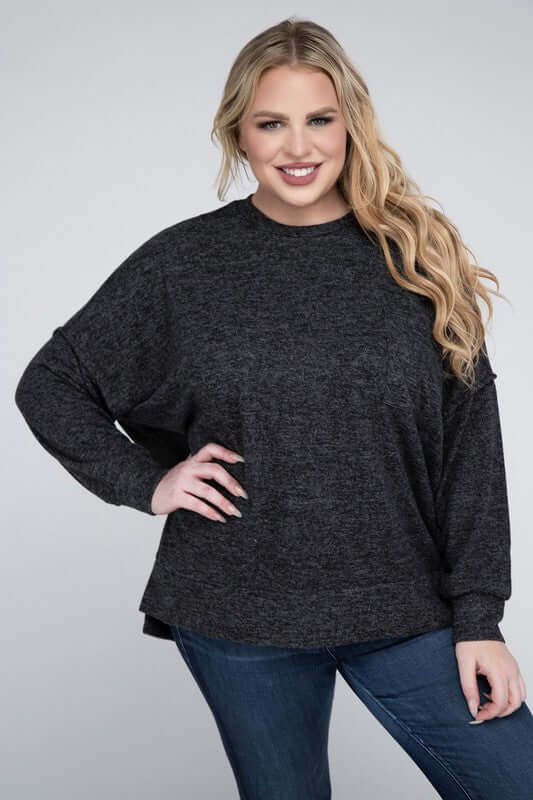 Plus Size Brushed Melange Drop Shoulder Sweater, ZENANA, $ 28.95