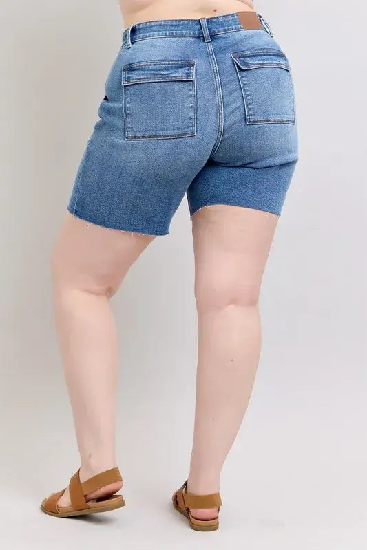 Judy Blue Mid Rise Bermuda Denim Shorts with Raw Hem | Plus Size, Shorts, $ 52.00, A Moment Of Now™