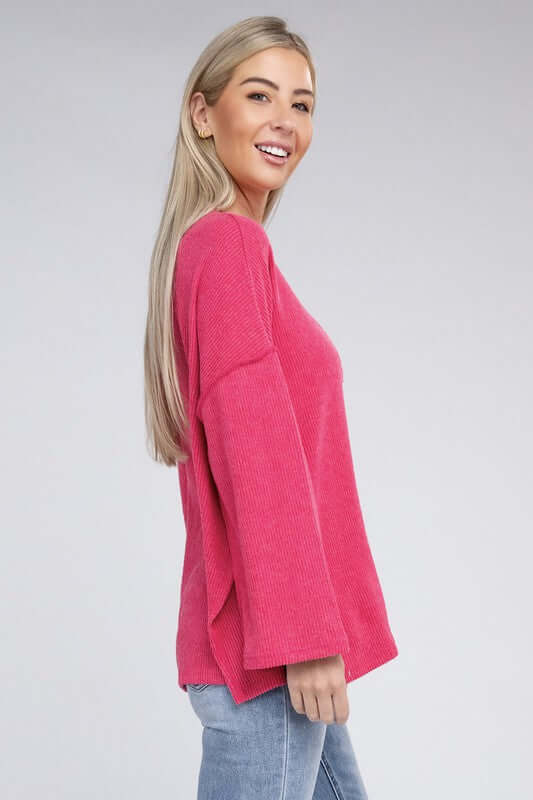 Ribbed Brushed Melange Hacci Henley Sweater, ZENANA, $ 29.00