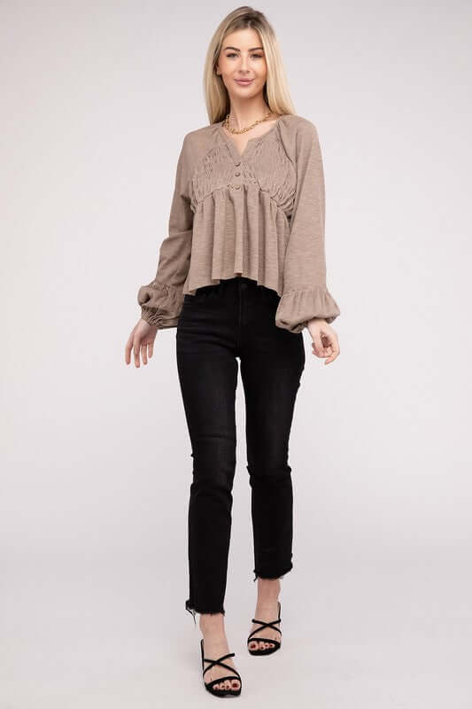 Beige V Neck Frilled Peplum Top, Nuvi Apparel, $ 41.95