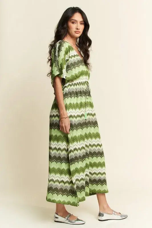 Sage Green Wavy Pattern Tie Waist Dress - Flowy Elegance, Dresses, $ 55.00, A Moment Of Now™