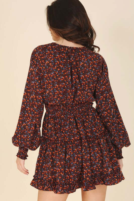 Burgundy Ditsy Floral Long Sleeve Ruffle Tired Mini Dress, Lilou, A Moment Of Now