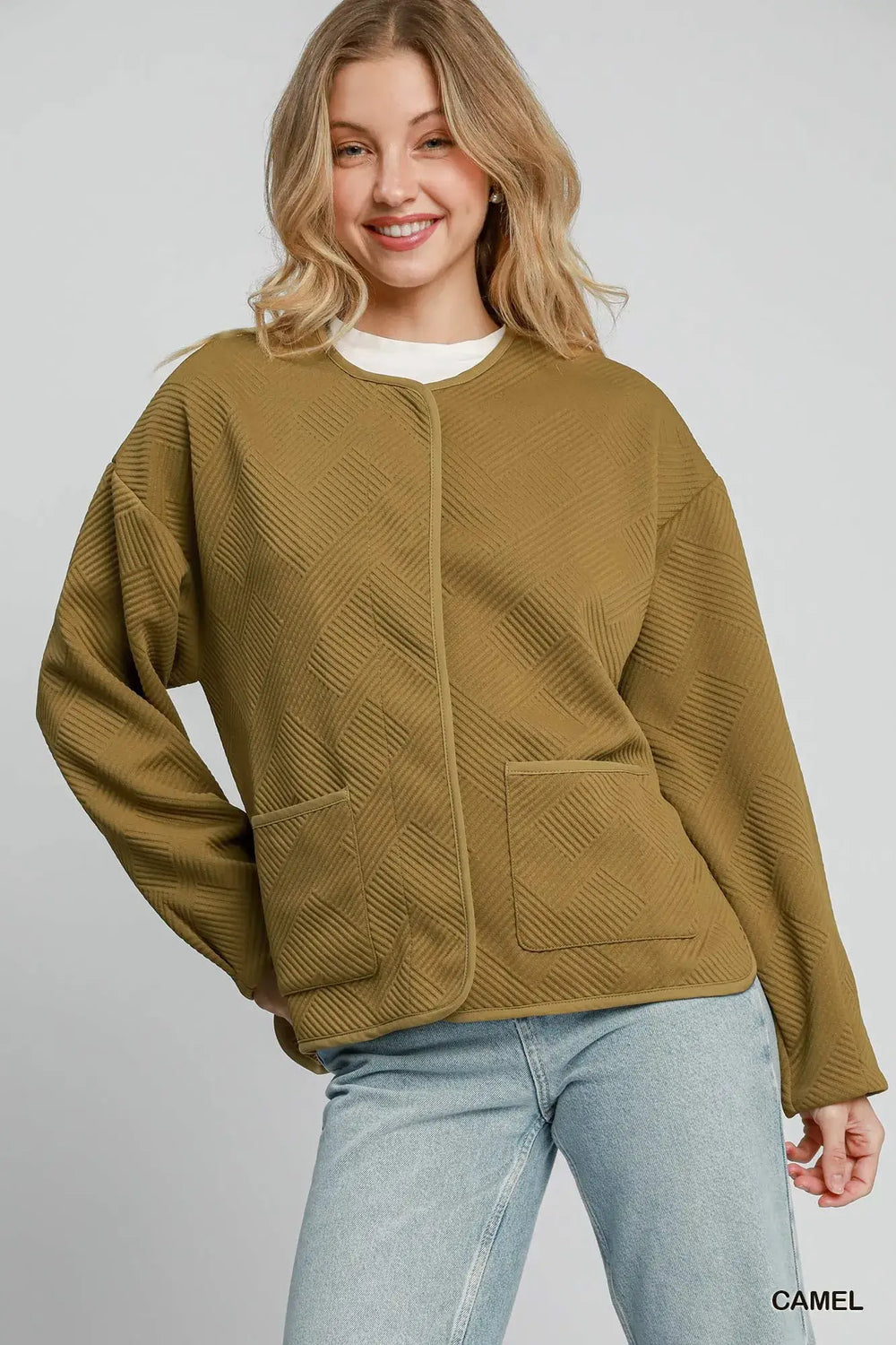 Elegant Camel Brown Textured Jacquard Jacket, Jackets, $ 59.00, A Moment Of Now™