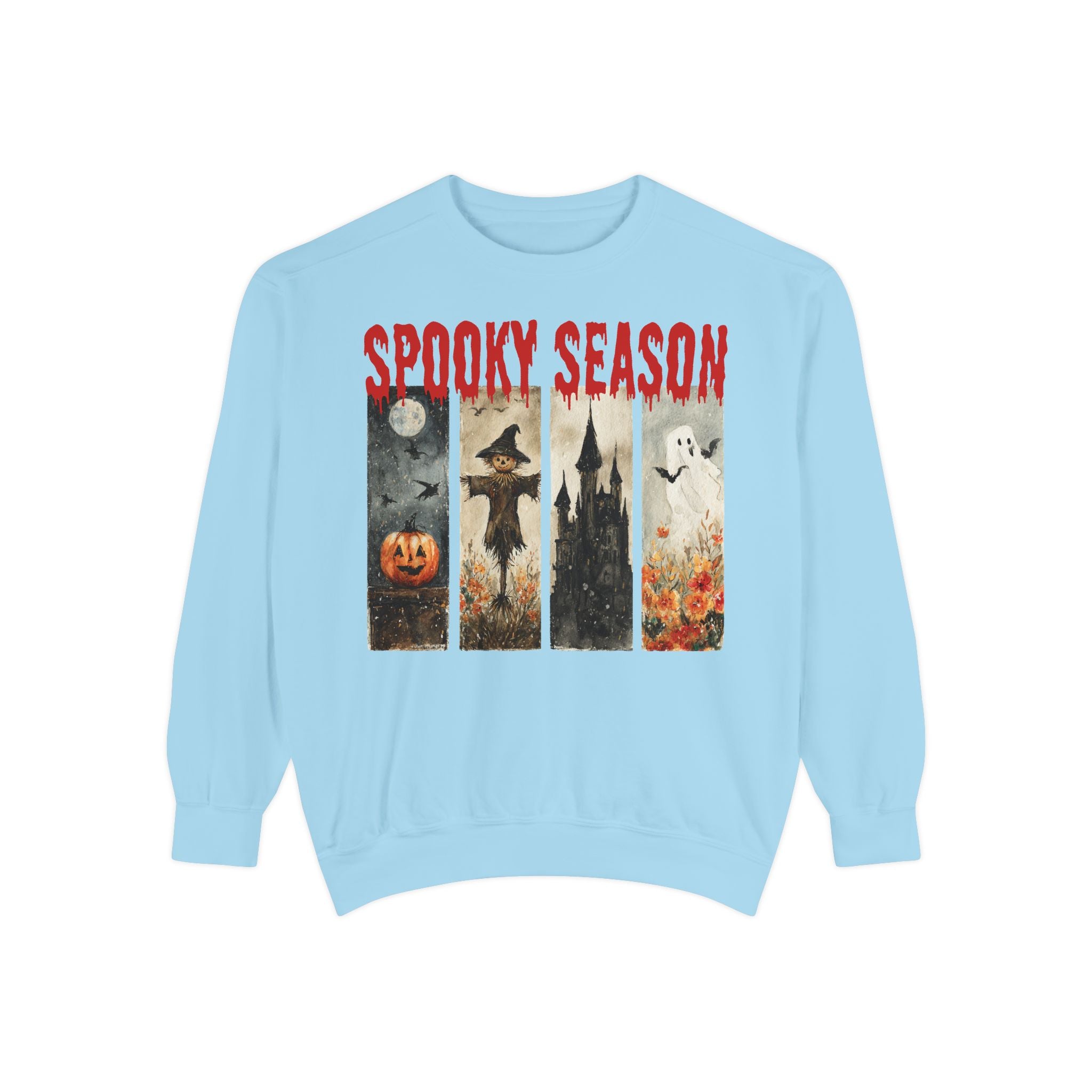 Spooky Season Halloween sweatshirt with vintage pumpkin, witch and ghost graphic — product mockup