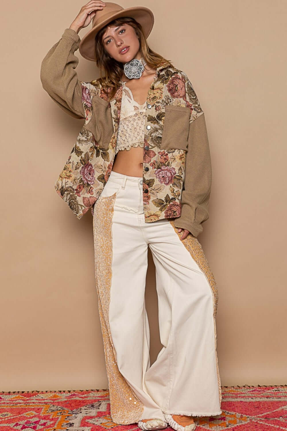 Mocha Long Sleeves Button Down Floral Jacquard Shirt Shacket, POL, A Moment Of Now