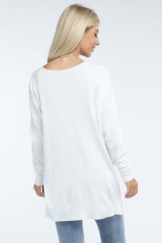 Women's Hi-Low Hem V Neck Front Seam Sweater | USA Boutique, ZENANA, $ 55.00