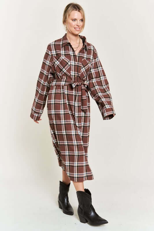 PLAID PRINT COLLAR LONG SHIRT DRESS PLUS, Jade By Jane, $ 69.00