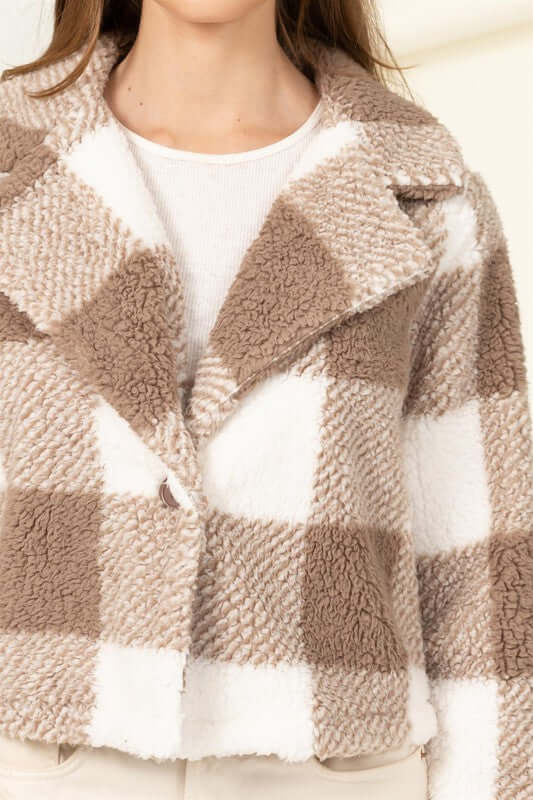 Toffee Lucky Break Plaid Pattern Fur Jacket