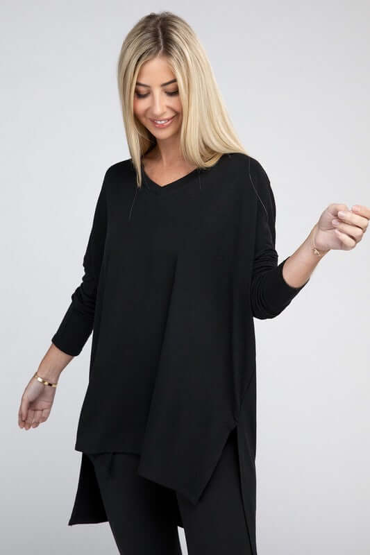 Dolman Long Sleeve V-Neck Side Slit Hi-Low Hem Top, ZENANA, $ 19.00