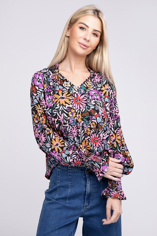 Shop Purple Floral Print Tie V Neck Blouse | Women's Boutique Clothing, Blouses, USA Boutique