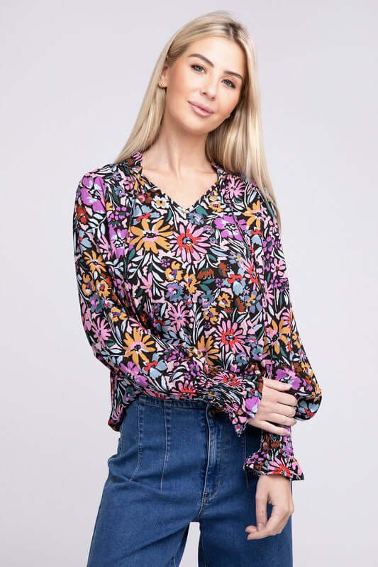 Purple Floral Print Tie V Neck Blouse, Nuvi Apparel, $ 38.95