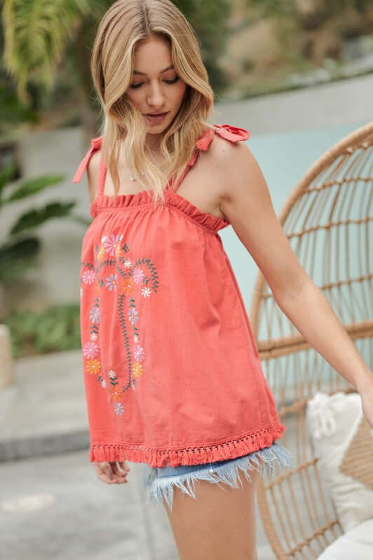 Embroidered Sleeveless Ruffle Tank Top, Davi & Dani, $ 53.95