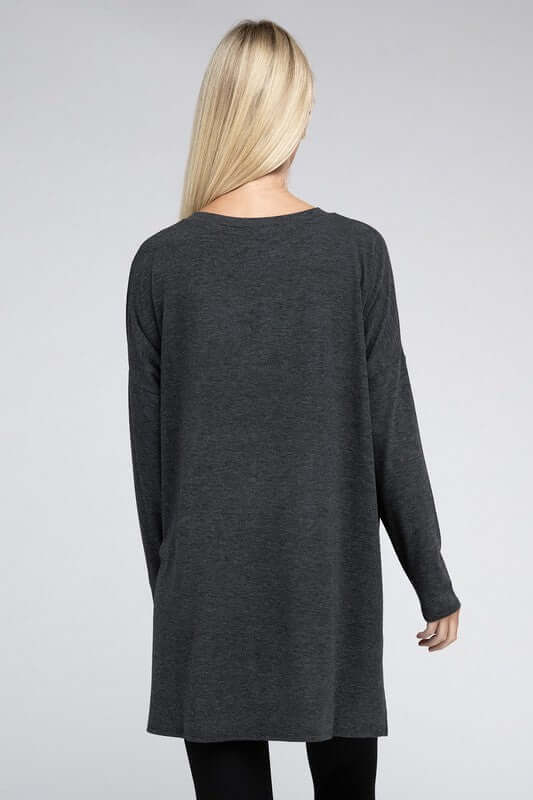 Dolman Long Sleeve V-Neck Side Slit Hi-Low Hem Top, ZENANA, $ 19.00