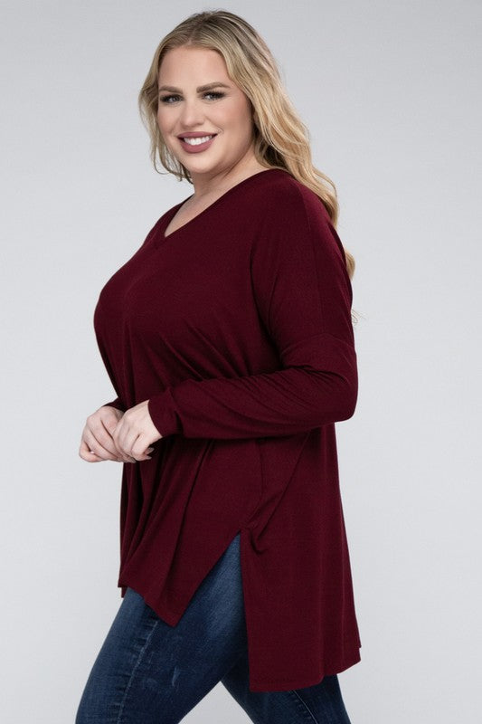 Shop Plus Size Dolman Sleeve V-Neck Side Slit Hi-Low Hem Top For Women, Tops, USA Boutique