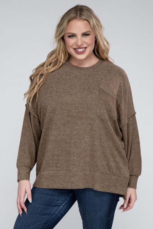 Plus Size Brushed Melange Drop Shoulder Sweater, ZENANA, $ 28.95