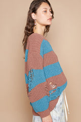 Brown Teal Striped Distressed Long Sleeve Sweater