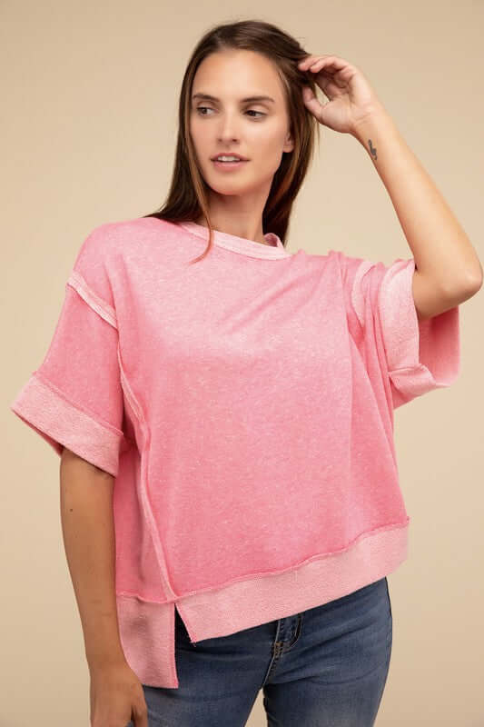 Contrast Trim Top Stitching Drop Shoulder Top, ZENANA, $ 35.95