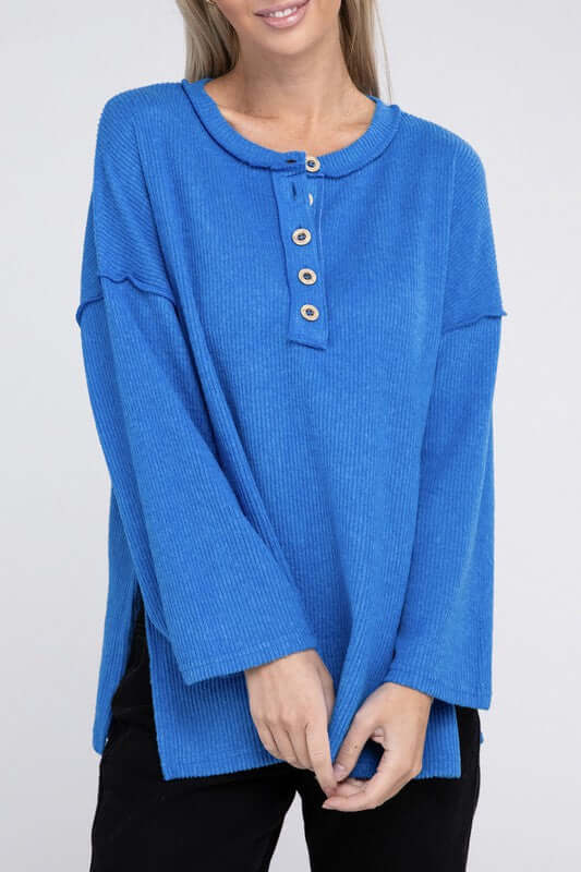 Ribbed Brushed Melange Hacci Henley Sweater, ZENANA, $ 29.00