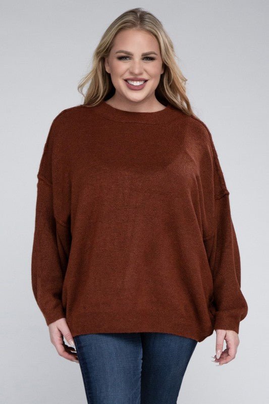 Shop Plus Oversized Round Neck Raw Seam Melange Sweater, Sweaters, USA Boutique