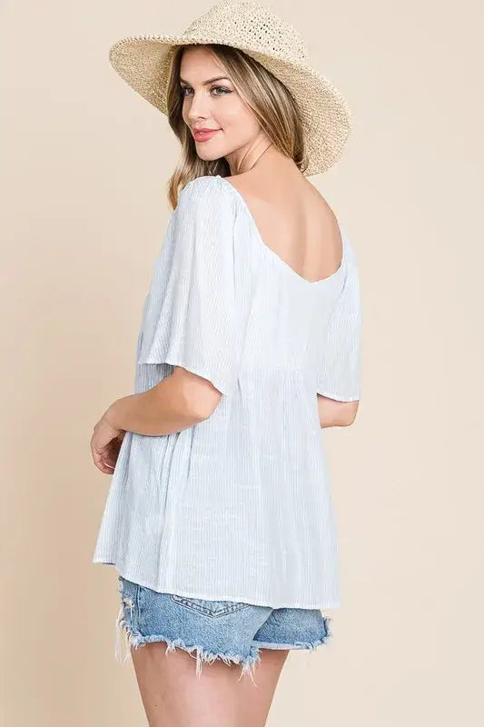 Sky Blue Thin Striped with Tie Front Babydoll Top: Chic Style, Tops, $ 27.00, A Moment Of Now™