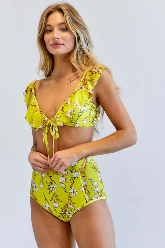 Yellow Floral Printed Swimwear 2 Pieces Set, Davi & Dani, $ 46.95