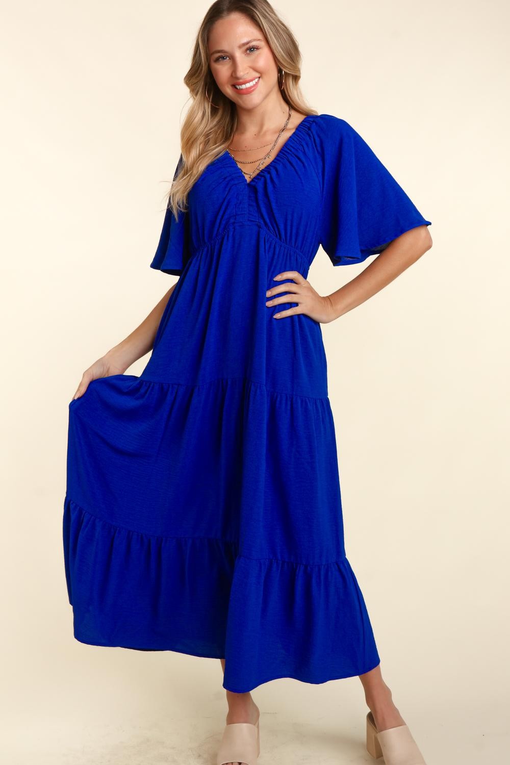 Royal Blue Tiered Babydoll Maxi Dress with Side Pocket